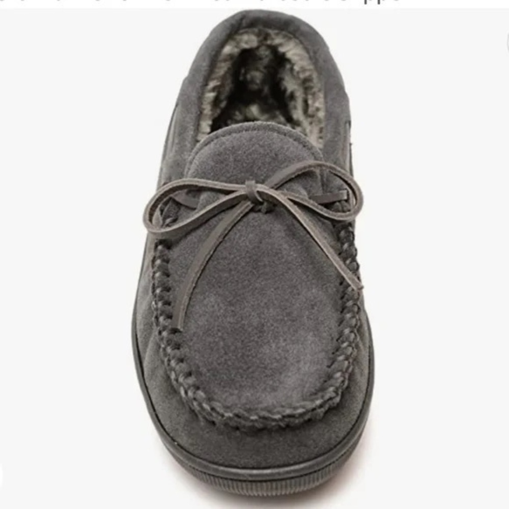 Minnetonka Pile Lined Hardsole Grey Suede Leather Slipper NWOT Size - 8M